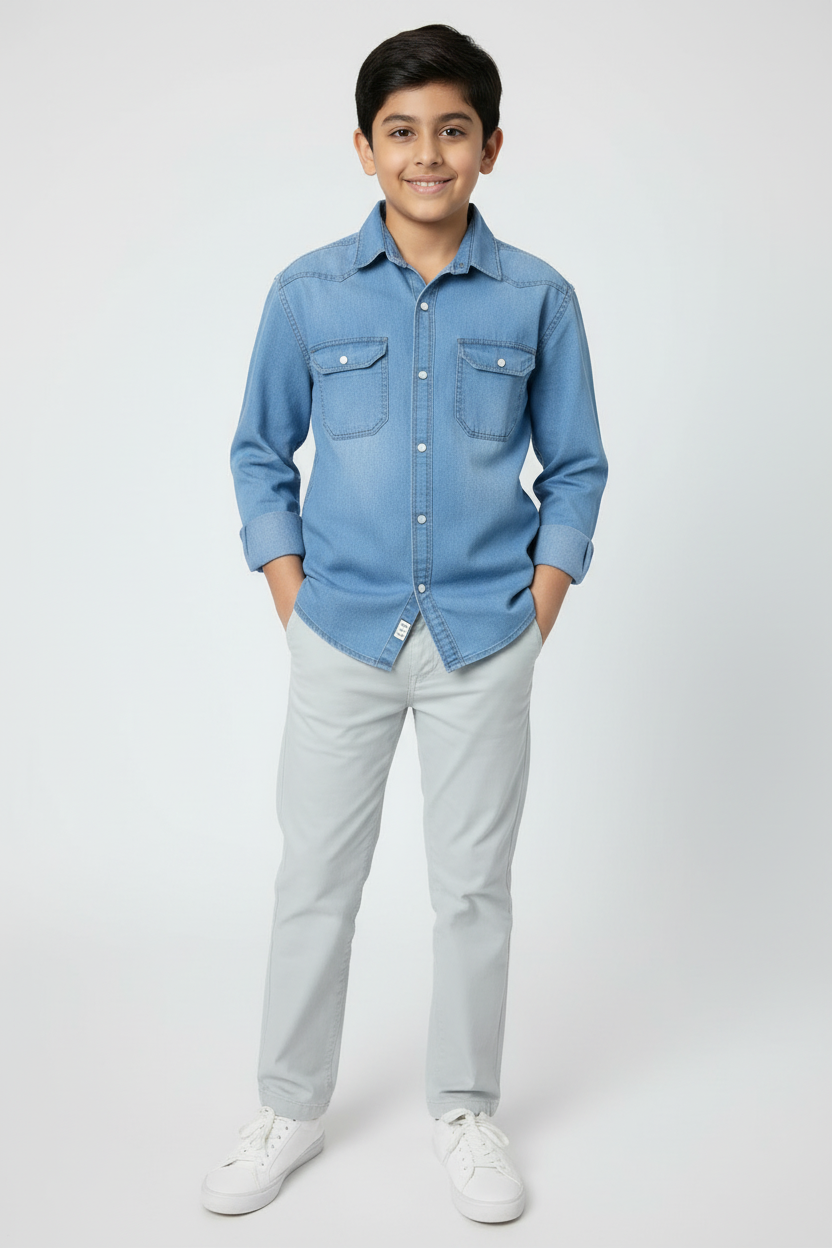 Boys Double Pocket Light Blue Denim Shirt