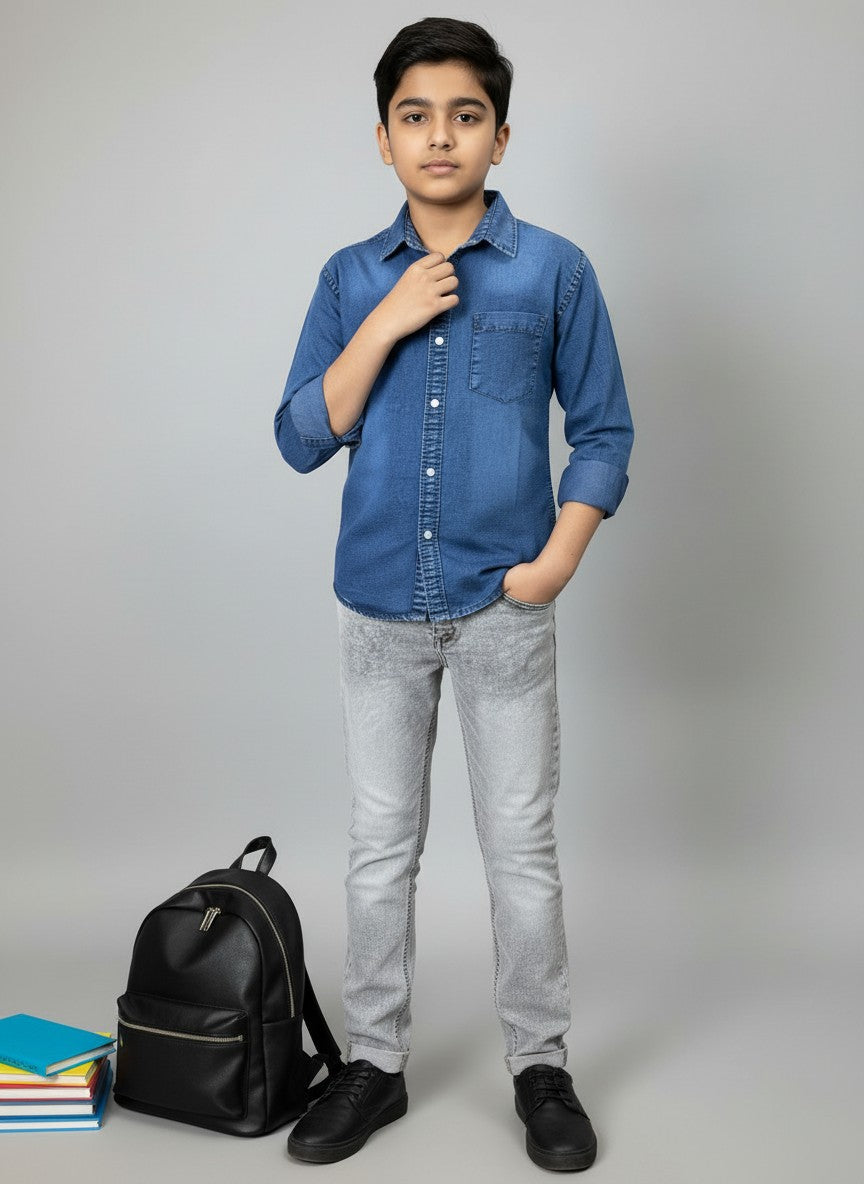 Boys Single Pocket Full Sleeve Acid Wash Denim Shirt
