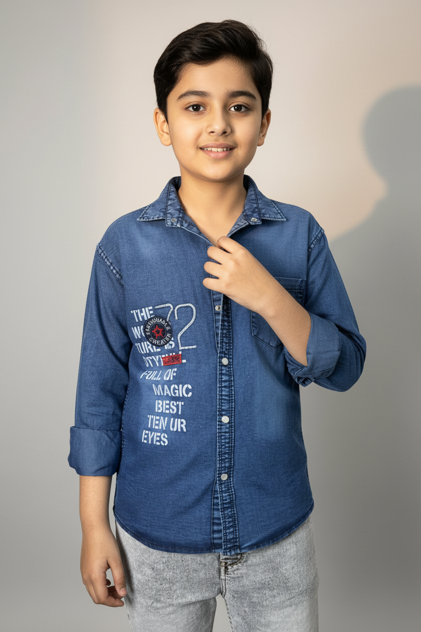 Boys Embroidery Acid Wash Denim Shirt
