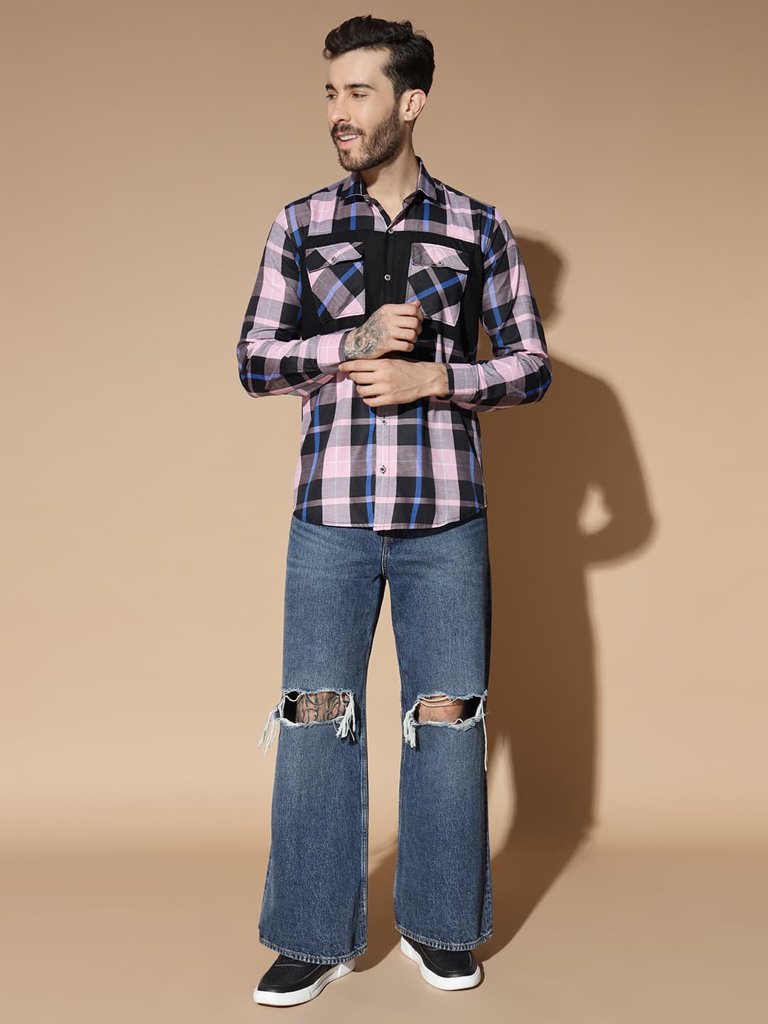 DOUBLE POCKET STYLISH PINK CHECK SHIRT