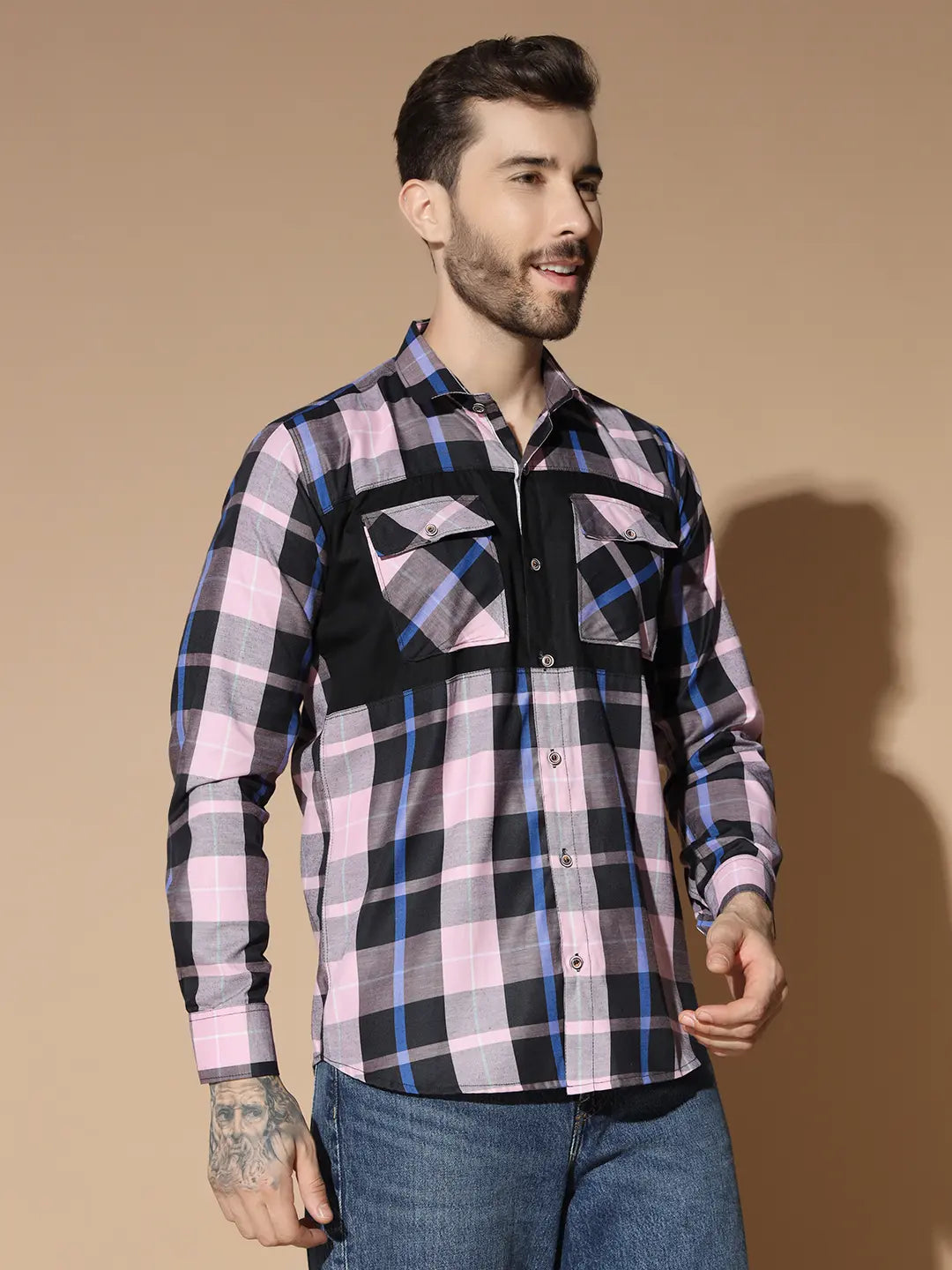 DOUBLE POCKET STYLISH PINK CHECK SHIRT