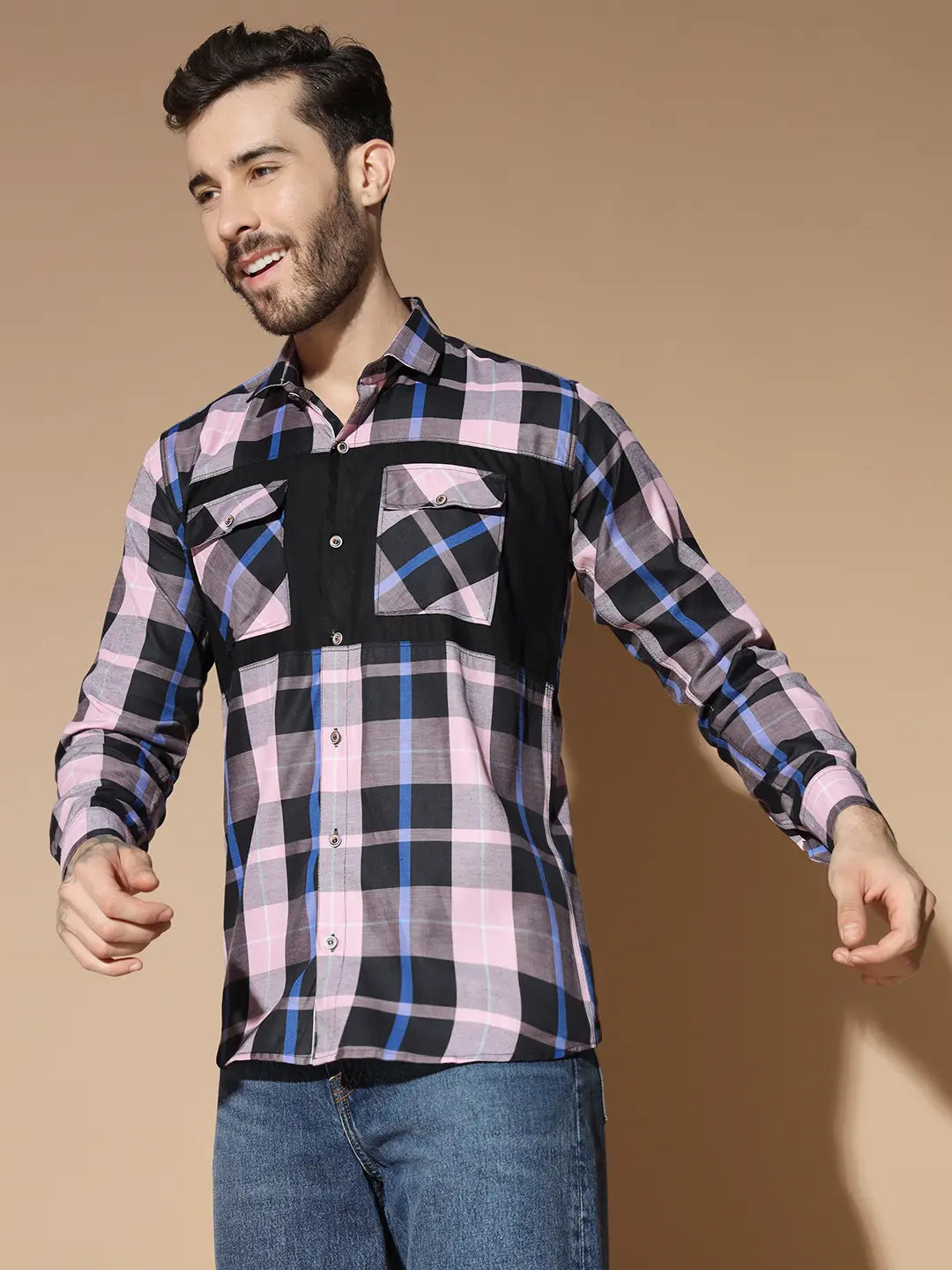 DOUBLE POCKET STYLISH PINK CHECK SHIRT