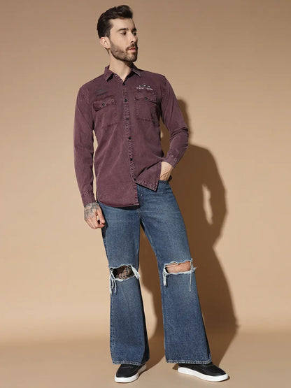 DOUBLE BOX POCKET PRINTED COTTON RFD MEHROON SHIRT