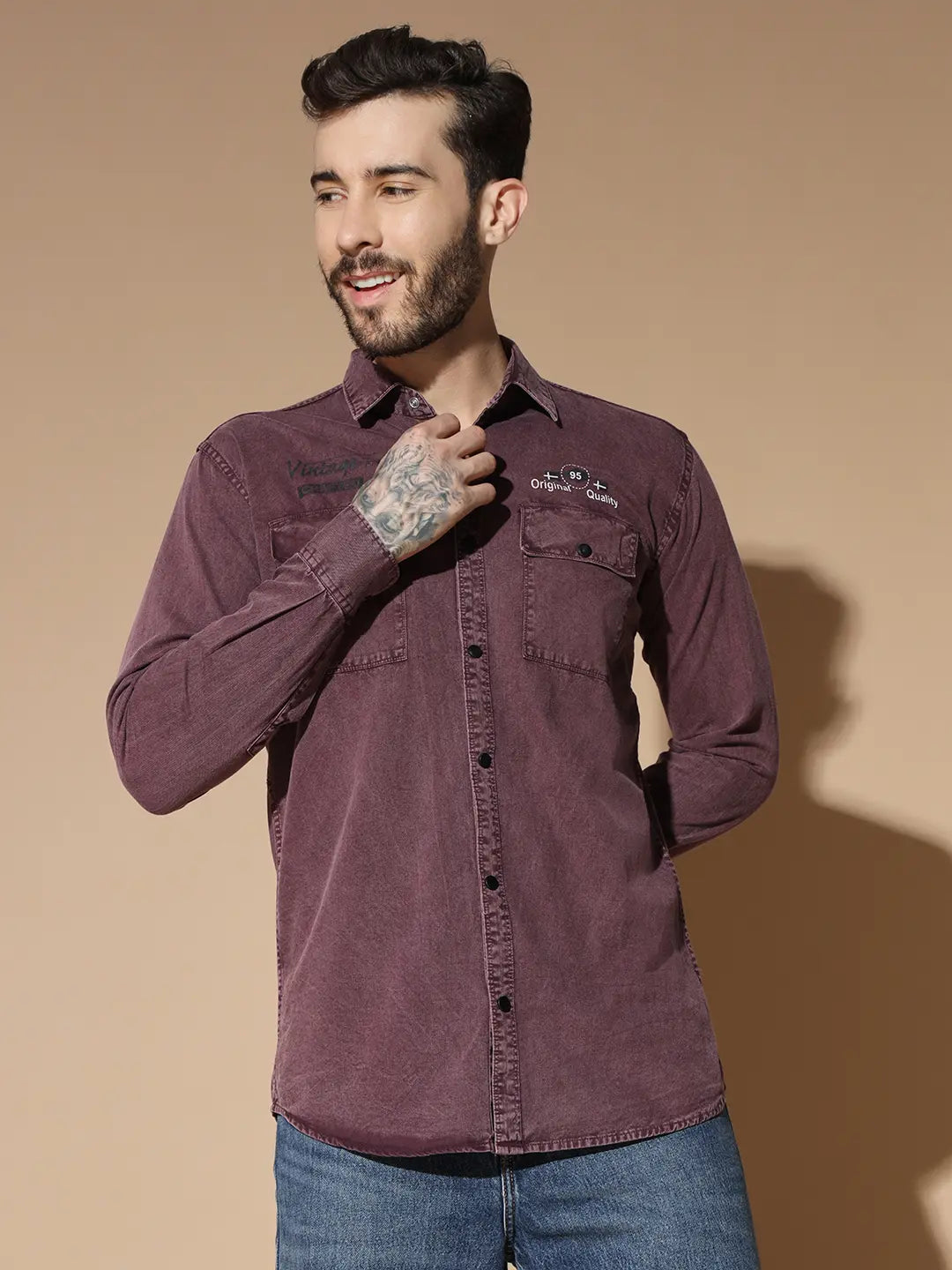 DOUBLE BOX POCKET PRINTED COTTON RFD MEHROON SHIRT
