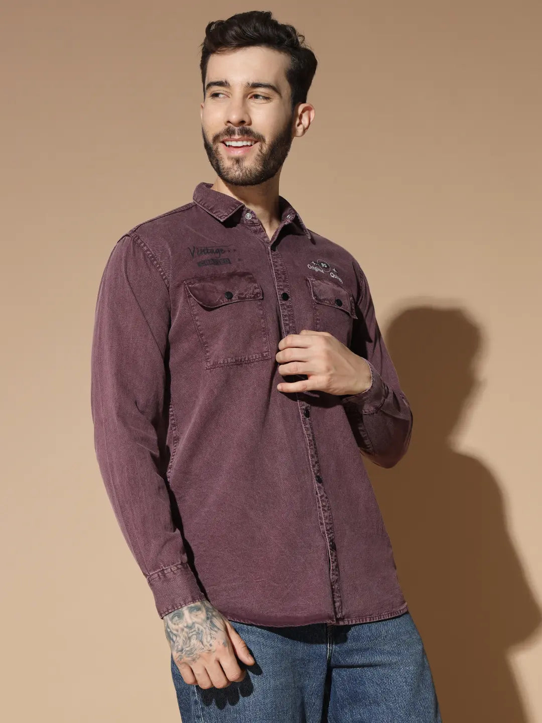 DOUBLE BOX POCKET PRINTED COTTON RFD MEHROON SHIRT