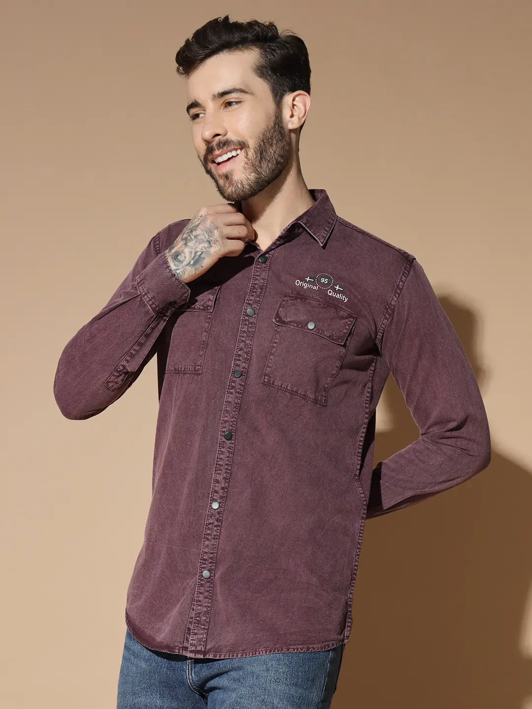 DOUBLE BOX POCKET PRINTED COTTON RFD MEHROON SHIRT