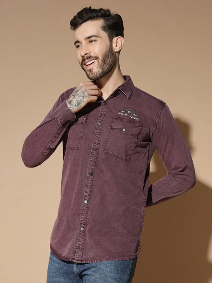 DOUBLE BOX POCKET PRINTED COTTON RFD MEHROON SHIRT