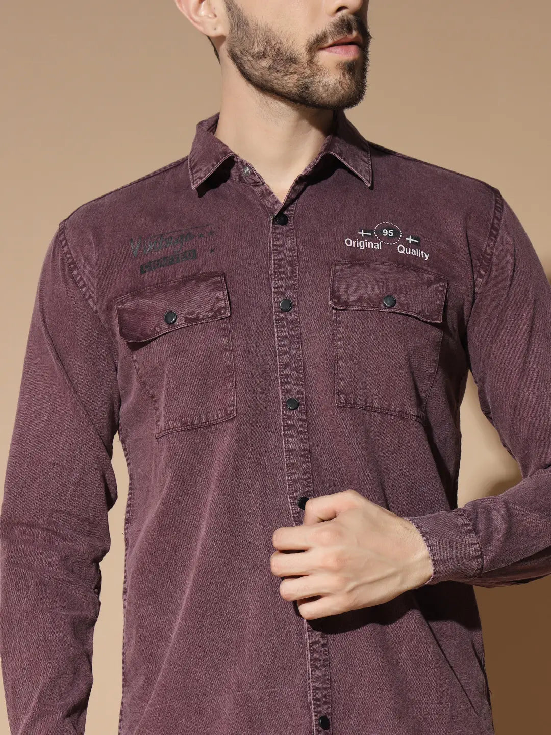 DOUBLE BOX POCKET PRINTED COTTON RFD MEHROON SHIRT