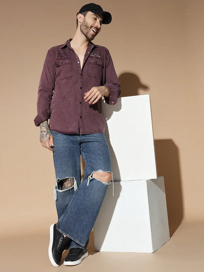 DOUBLE BOX POCKET PRINTED COTTON RFD MEHROON SHIRT