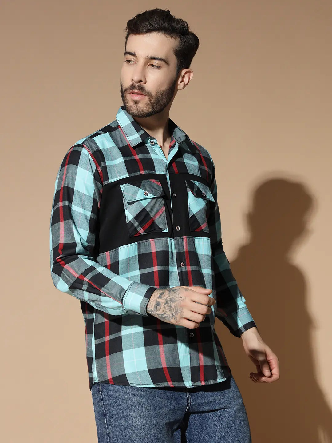 DOUBLE POCKET NEW STYLISH GREEN CHECK SHIRT