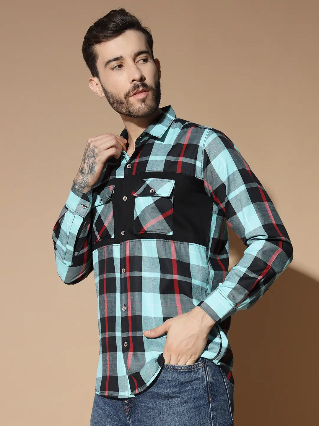 DOUBLE POCKET NEW STYLISH GREEN CHECK SHIRT