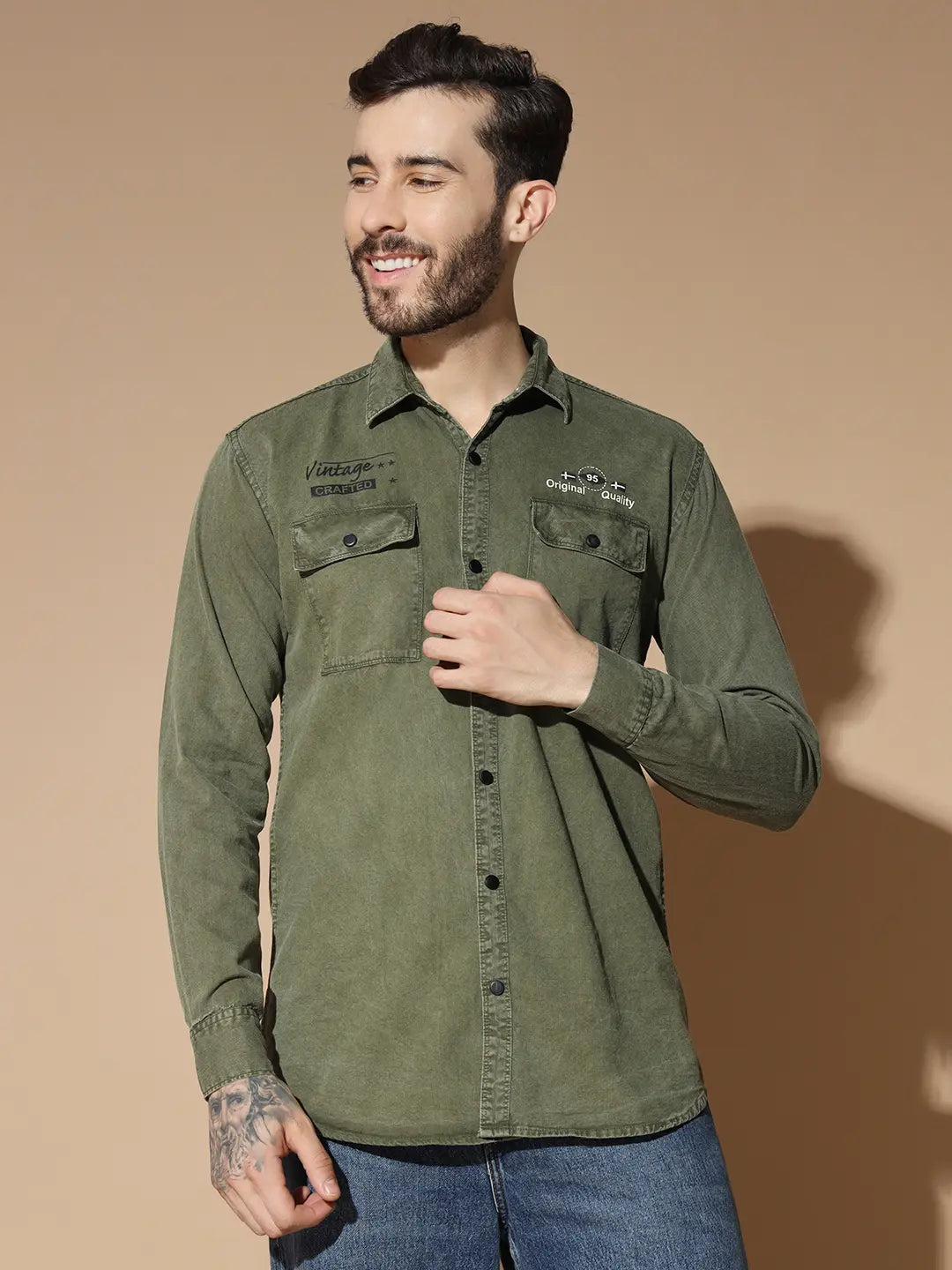 DOUBLE POCKET PRINTED COTTON RFD MEHNDI COLOUR SHIRT