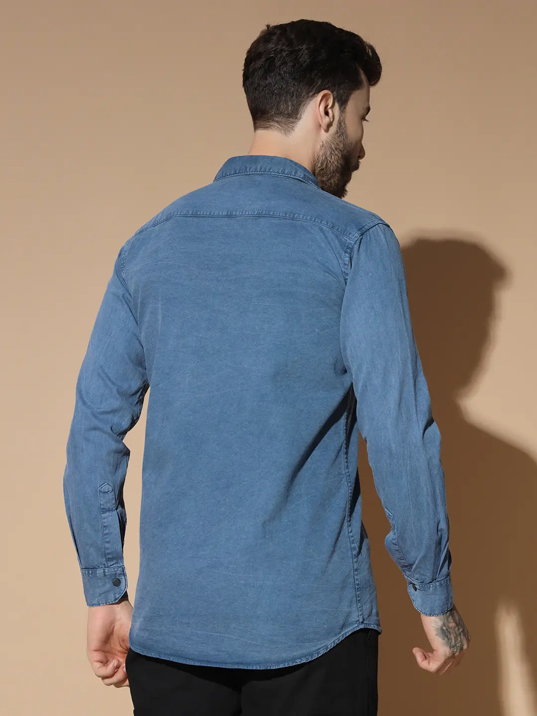 DOUBLE BOX POCKET PRINTED COTTON RFD BLUE SHIRT