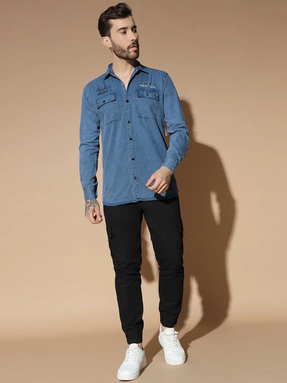 DOUBLE BOX POCKET PRINTED COTTON RFD BLUE SHIRT