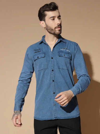DOUBLE BOX POCKET PRINTED COTTON RFD BLUE SHIRT