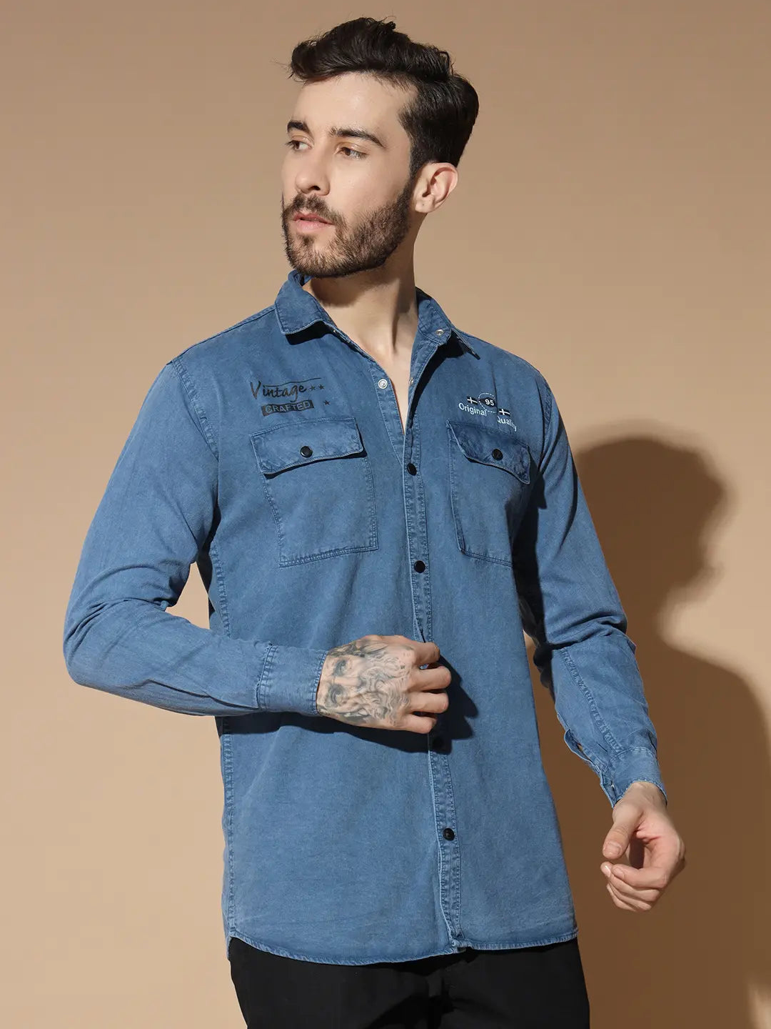 DOUBLE BOX POCKET PRINTED COTTON RFD BLUE SHIRT