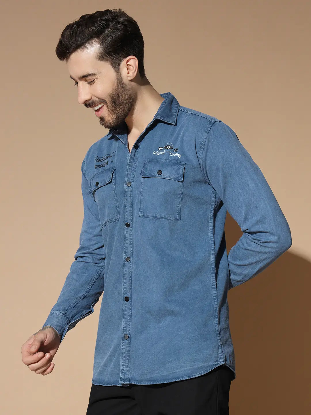DOUBLE BOX POCKET PRINTED COTTON RFD BLUE SHIRT
