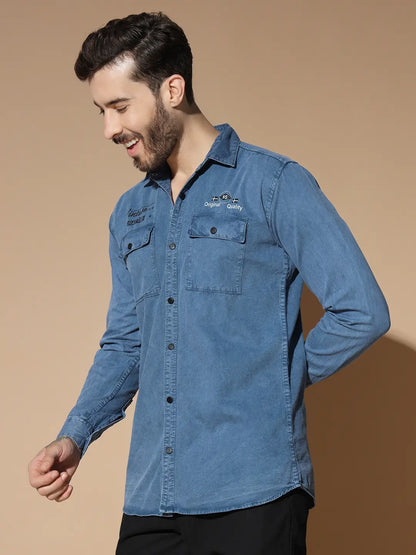 DOUBLE BOX POCKET PRINTED COTTON RFD BLUE SHIRT