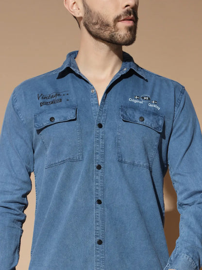 DOUBLE BOX POCKET PRINTED COTTON RFD BLUE SHIRT
