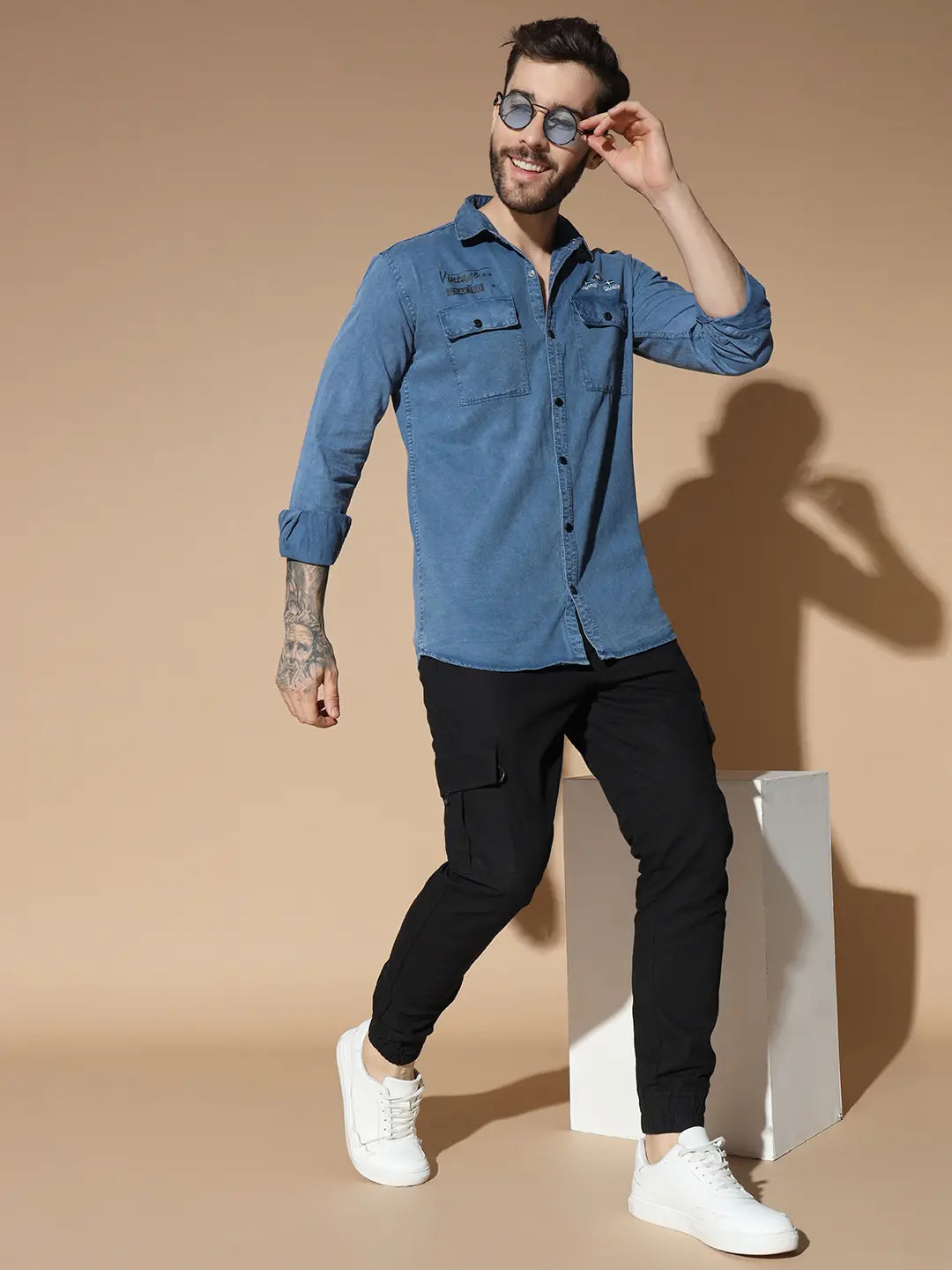 DOUBLE BOX POCKET PRINTED COTTON RFD BLUE SHIRT