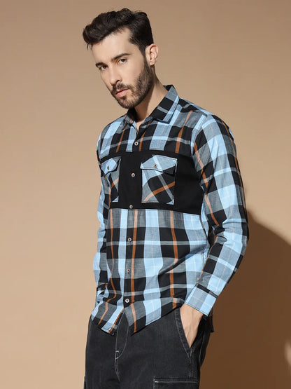 DOUBLE POCKET NEW STYLISH BLUE CHECK SHIRT