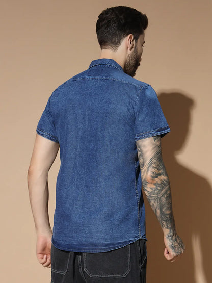 SHORT SLEEVE SINGLE POCKET BLUE SILK DENIM SHIRT