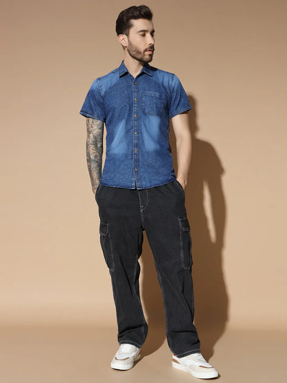 SHORT SLEEVE SINGLE POCKET BLUE SILK DENIM SHIRT