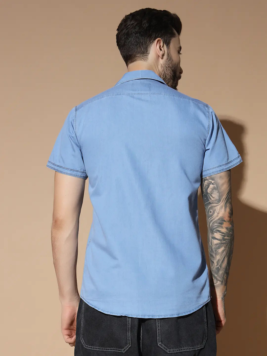 SHORT SLEEVE SINGLE POCKET LIGHT BLUE SILK DENIM SHIRT