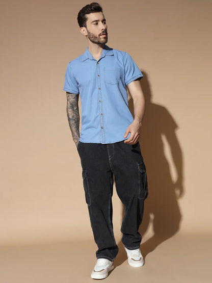 SHORT SLEEVE SINGLE POCKET LIGHT BLUE SILK DENIM SHIRT