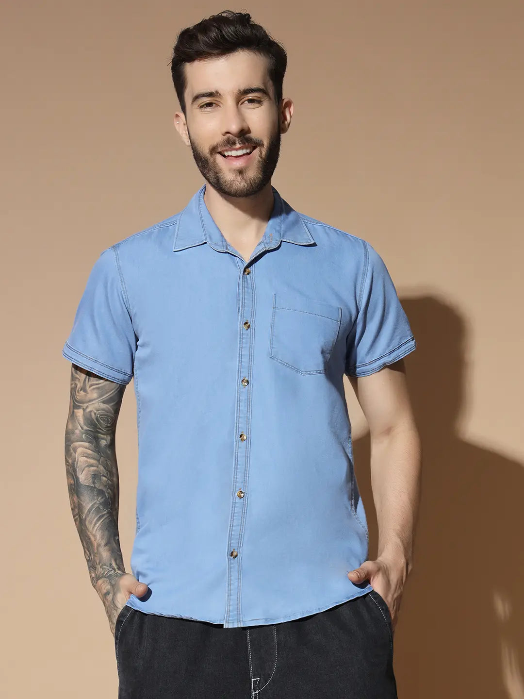 SHORT SLEEVE SINGLE POCKET LIGHT BLUE SILK DENIM SHIRT