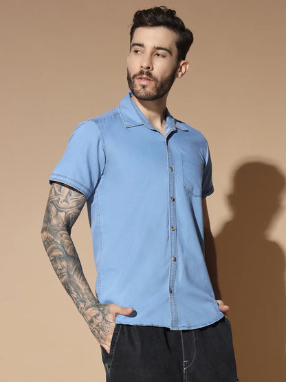 SHORT SLEEVE SINGLE POCKET LIGHT BLUE SILK DENIM SHIRT