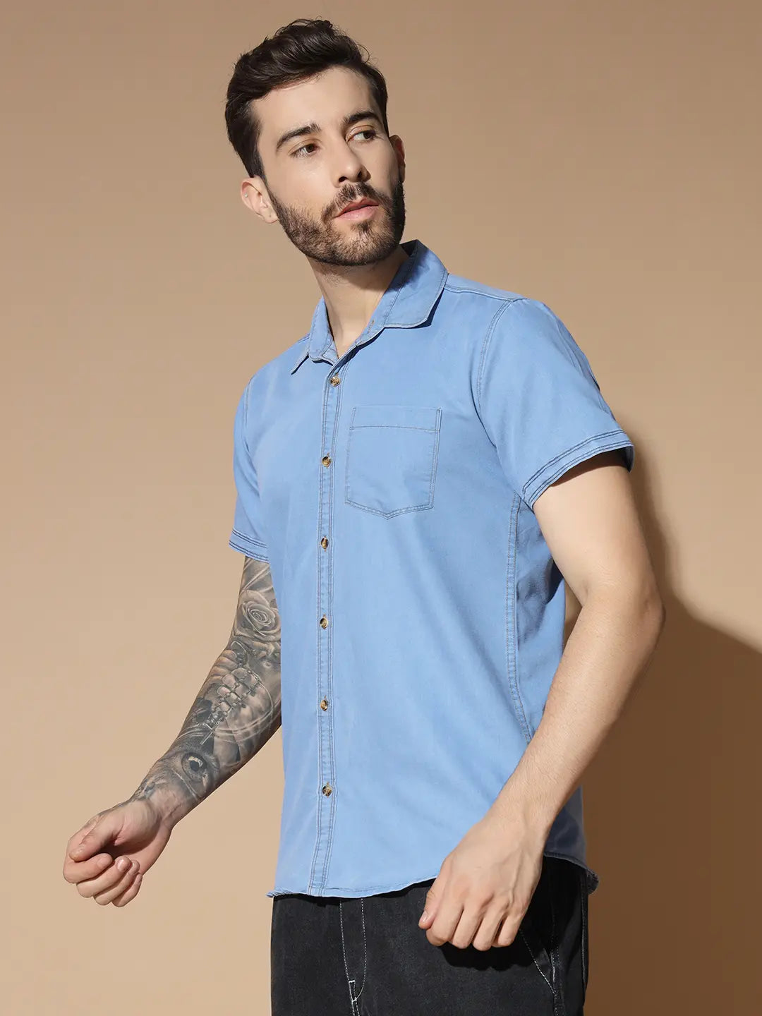 SHORT SLEEVE SINGLE POCKET LIGHT BLUE SILK DENIM SHIRT
