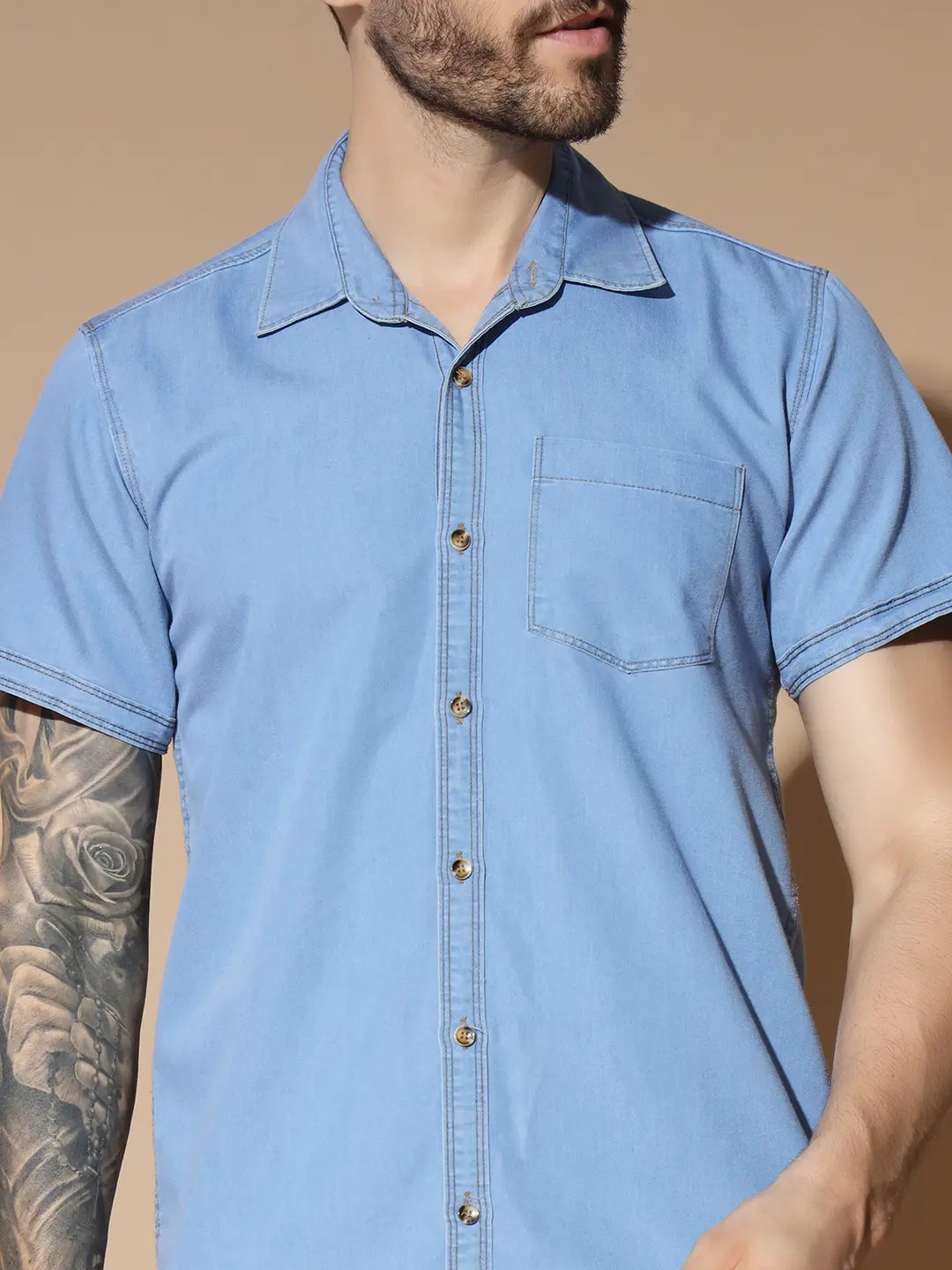 SHORT SLEEVE SINGLE POCKET LIGHT BLUE SILK DENIM SHIRT