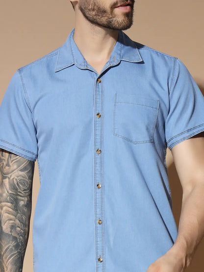 SHORT SLEEVE SINGLE POCKET LIGHT BLUE SILK DENIM SHIRT