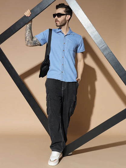 SHORT SLEEVE SINGLE POCKET LIGHT BLUE SILK DENIM SHIRT