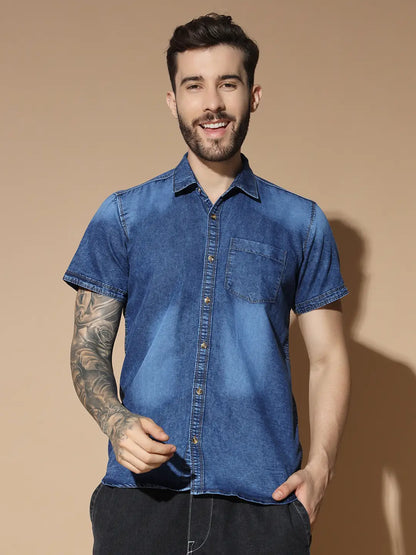 SHORT SLEEVE SINGLE POCKET BLUE SILK DENIM SHIRT