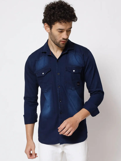 DOUBLE POCKET NAVY BLUE INDIGO DENIM SHIRT