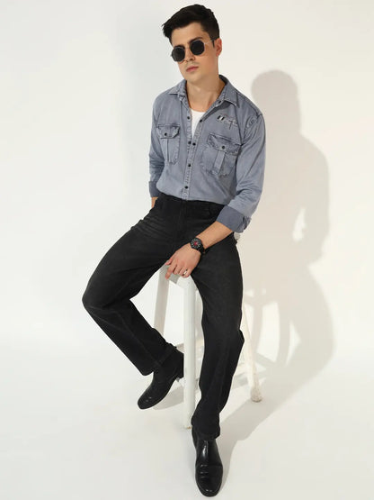 DOUBLE POCKET BACK PRINTED GREY RFD CARGO SHIRT