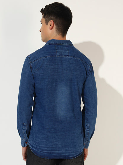 SINGLE POCKET ACID WASHED SILKY DENIM SHIRT