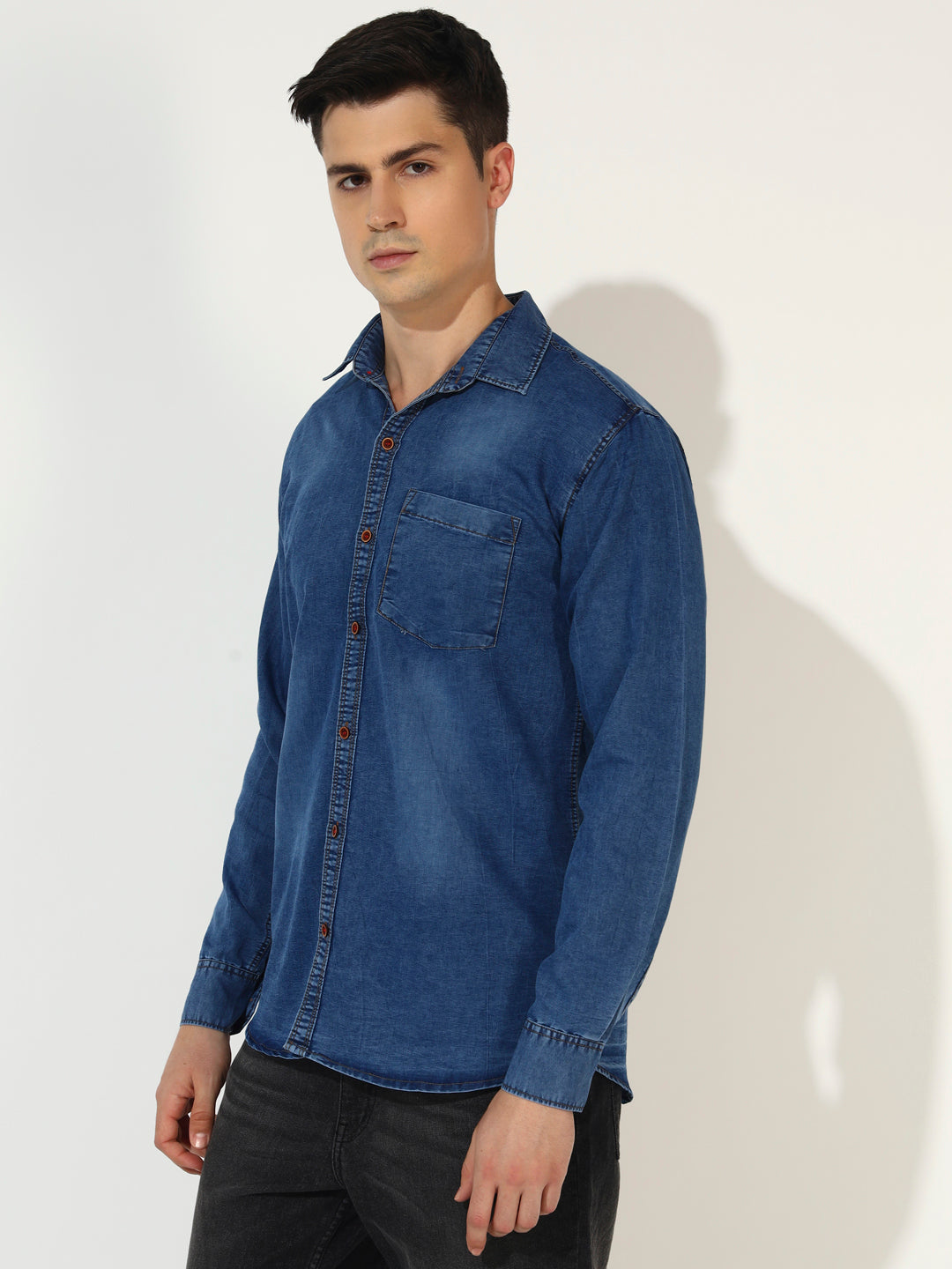 SINGLE POCKET ACID WASHED SILKY DENIM SHIRT