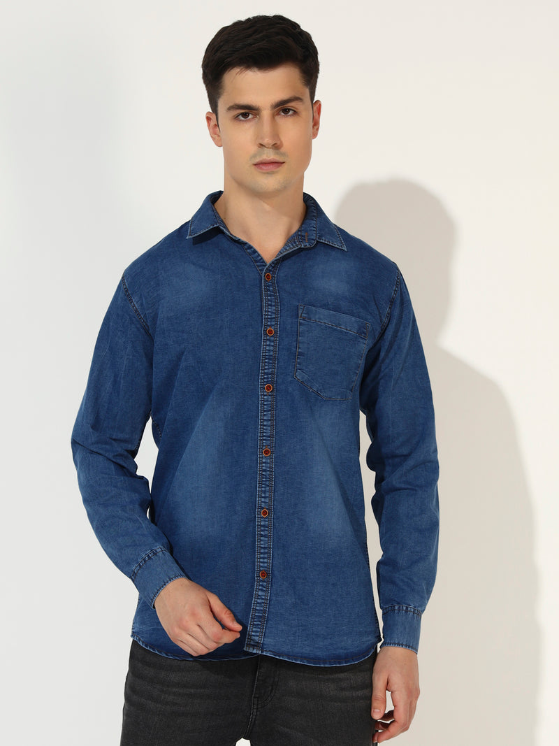 SINGLE POCKET ACID WASHED SILKY DENIM SHIRT
