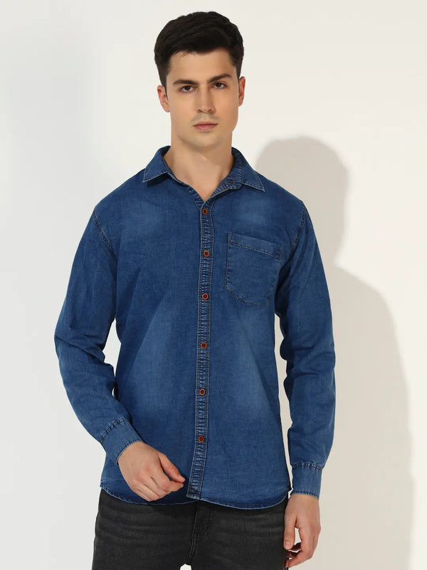 SINGLE POCKET ACID WASHED SILKY DENIM SHIRT