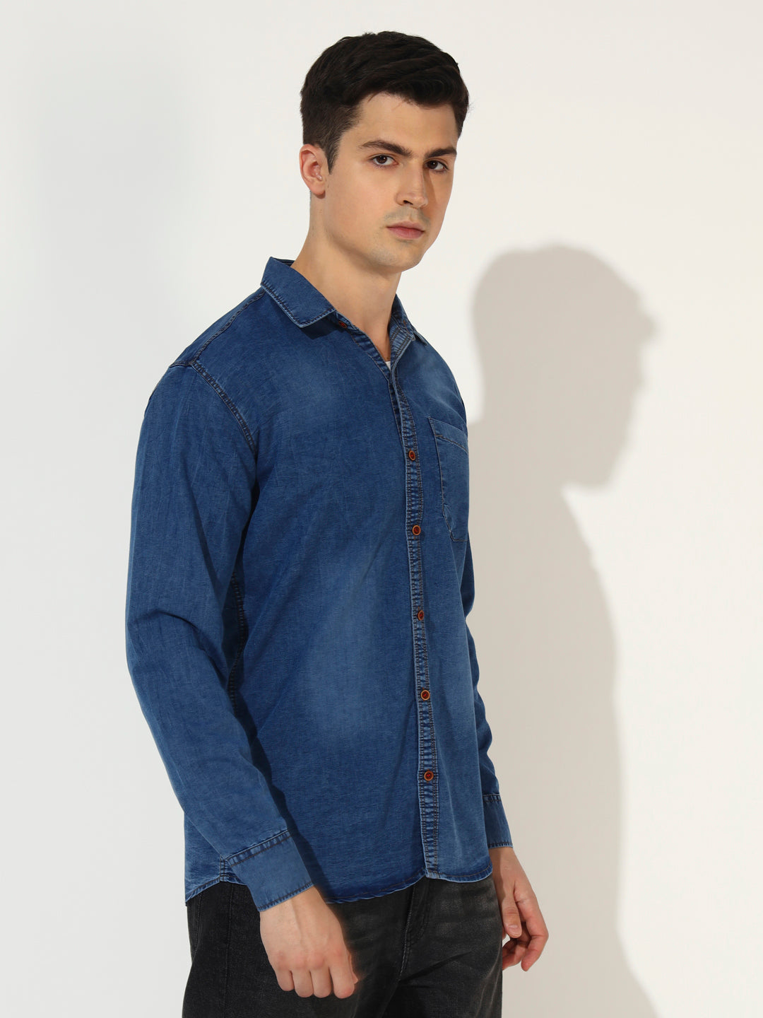 SINGLE POCKET ACID WASHED SILKY DENIM SHIRT