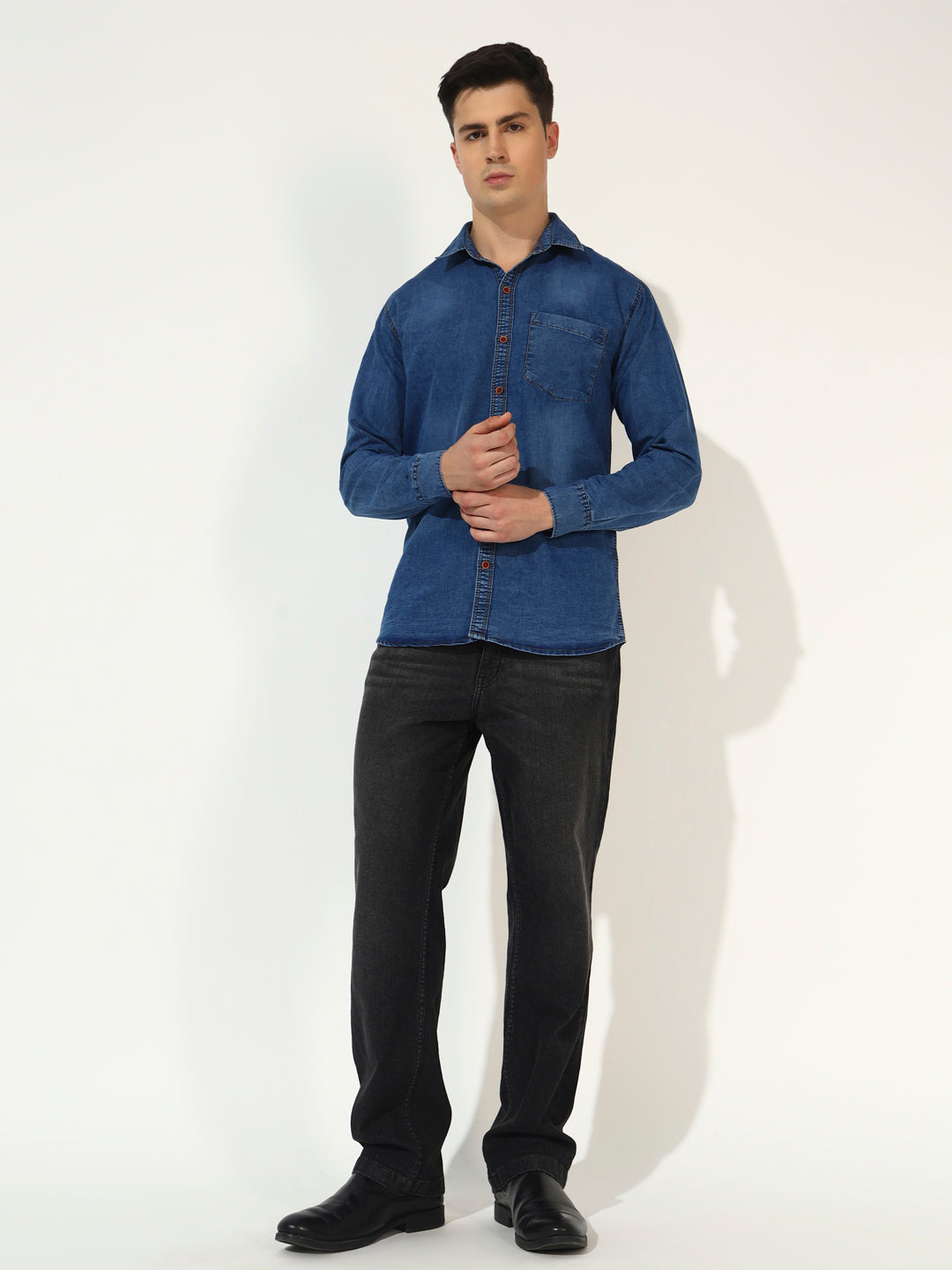 SINGLE POCKET ACID WASHED SILKY DENIM SHIRT