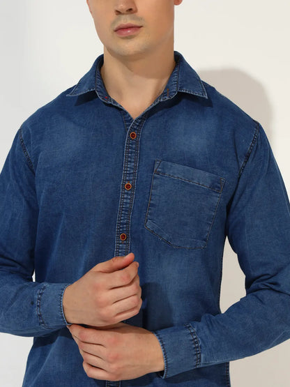 SINGLE POCKET ACID WASHED SILKY DENIM SHIRT