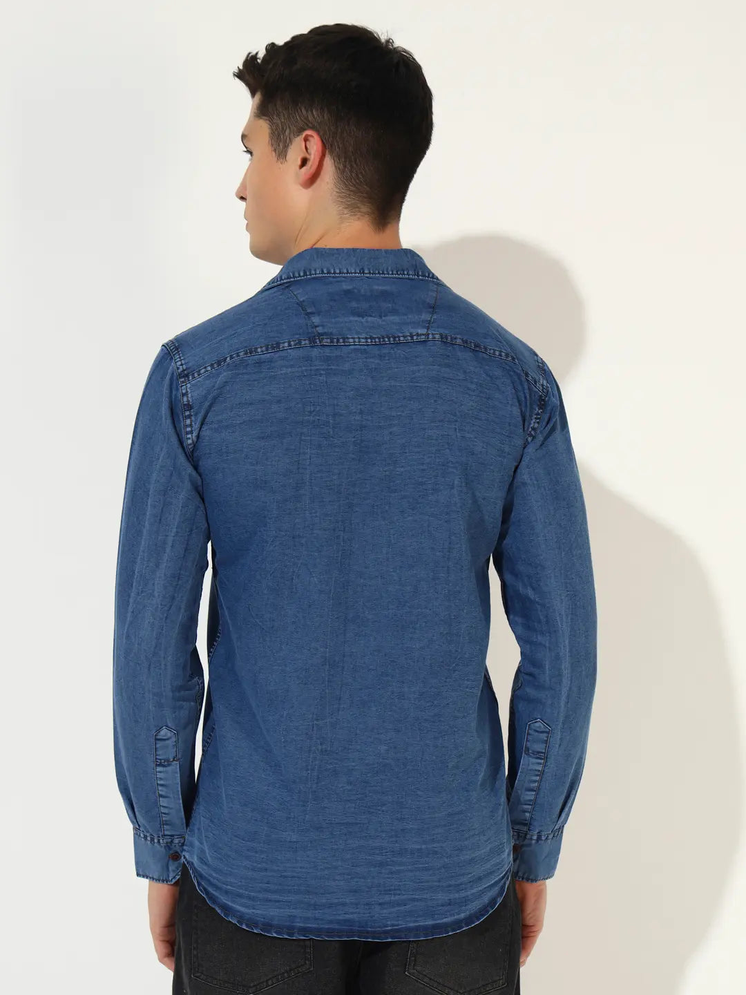 DOUBLE FLAP POCKET SPREAD COLLAR ACID BLUE DENIM SHIRT