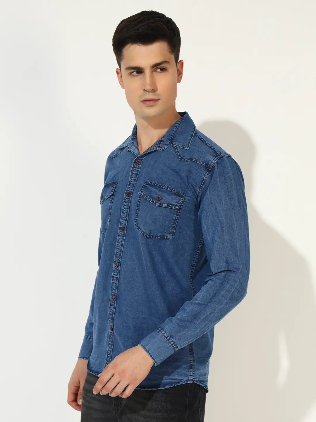 DOUBLE FLAP POCKET SPREAD COLLAR ACID BLUE DENIM SHIRT