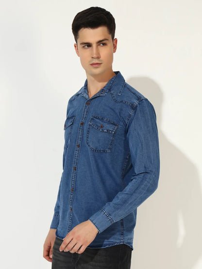DOUBLE FLAP POCKET SPREAD COLLAR ACID BLUE DENIM SHIRT