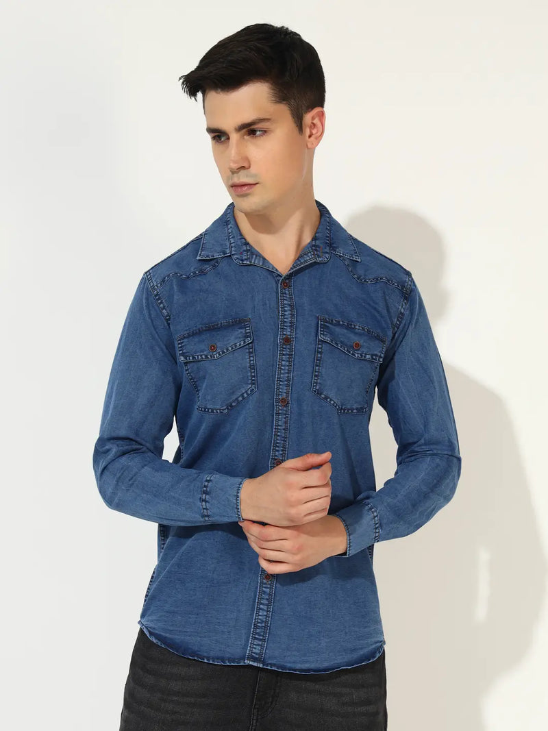 DOUBLE FLAP POCKET SPREAD COLLAR ACID BLUE DENIM SHIRT