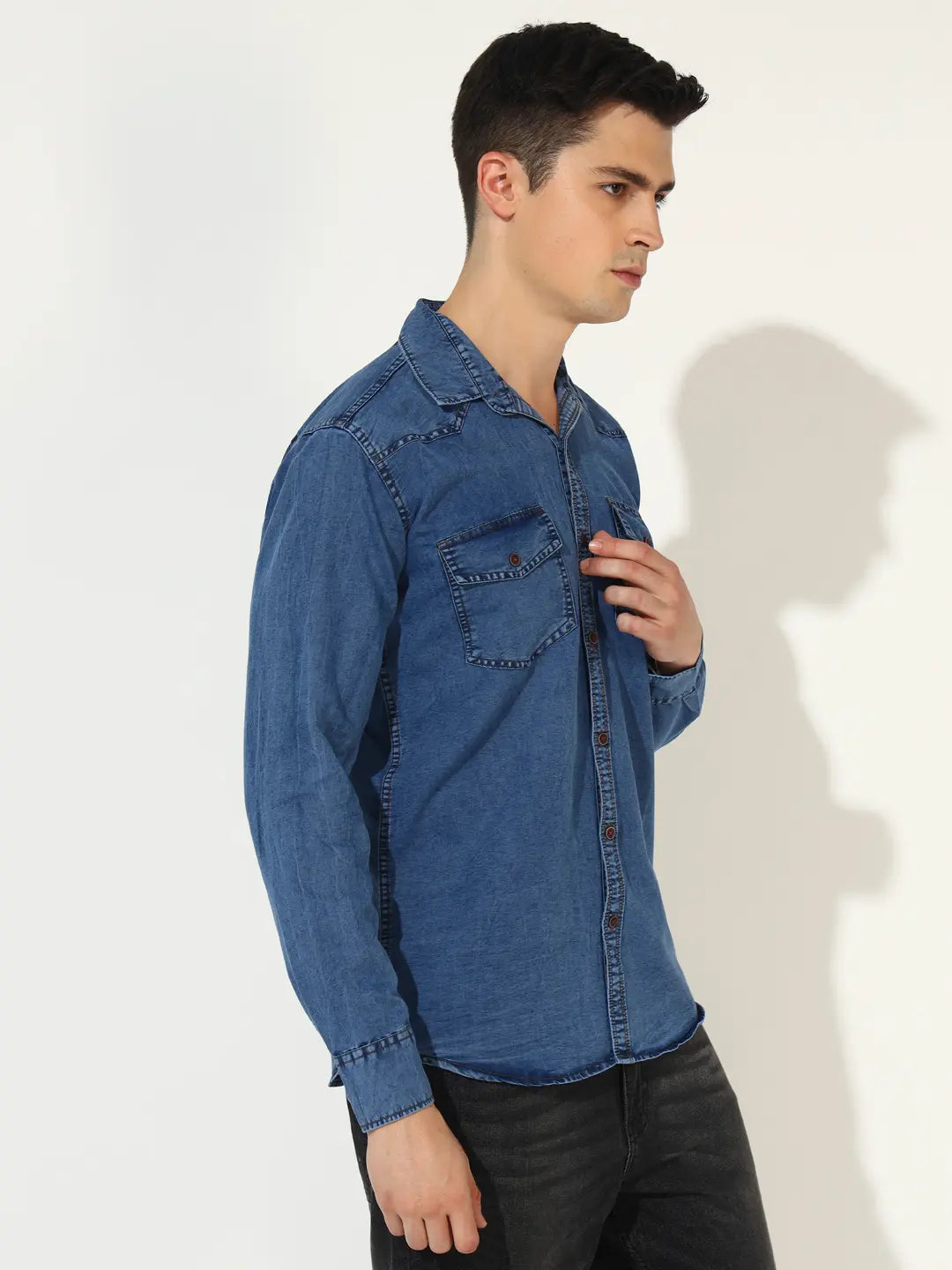 DOUBLE FLAP POCKET SPREAD COLLAR ACID BLUE DENIM SHIRT